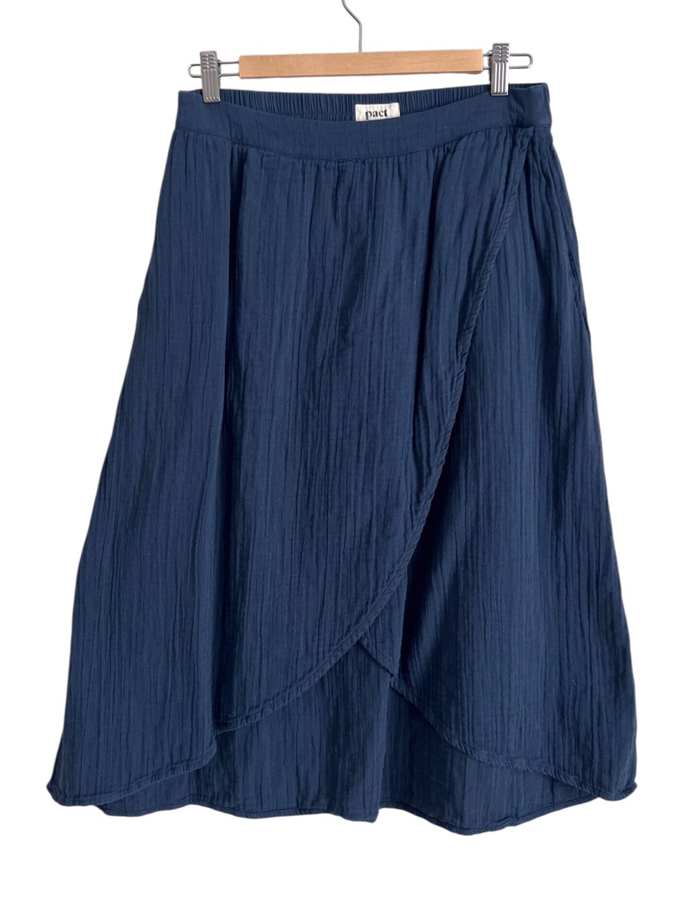 Pact Womens Gauzy Midi Skirt Navy Blue Cross Front Organic Cotton Coastal Medium